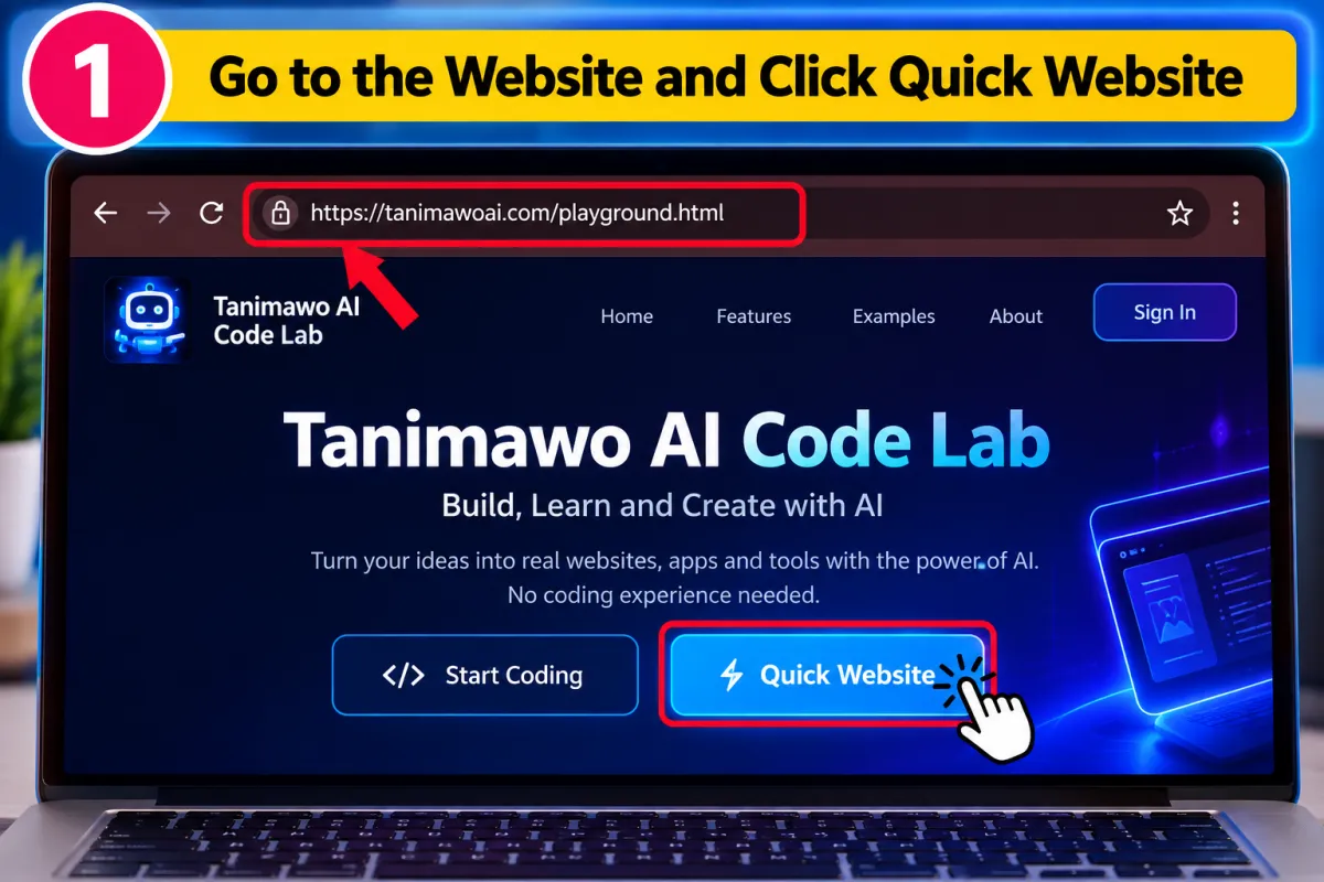 Step 1: the Code Lab page at tanimawoai.com/playground.html with the Quick Website button