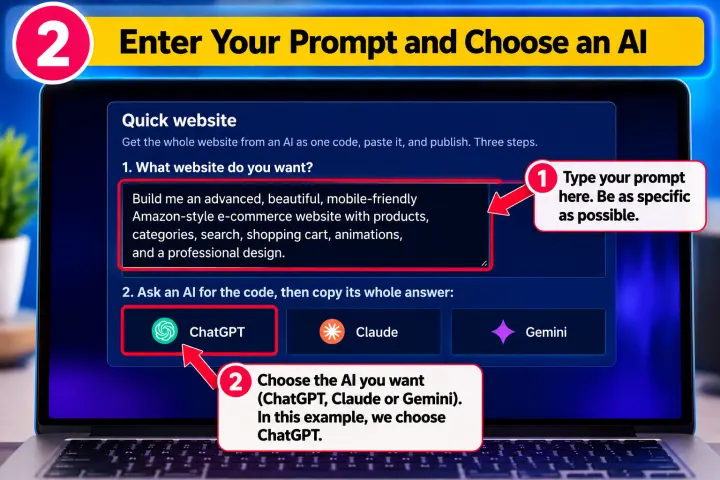 Step 2: describe your website and choose an AI