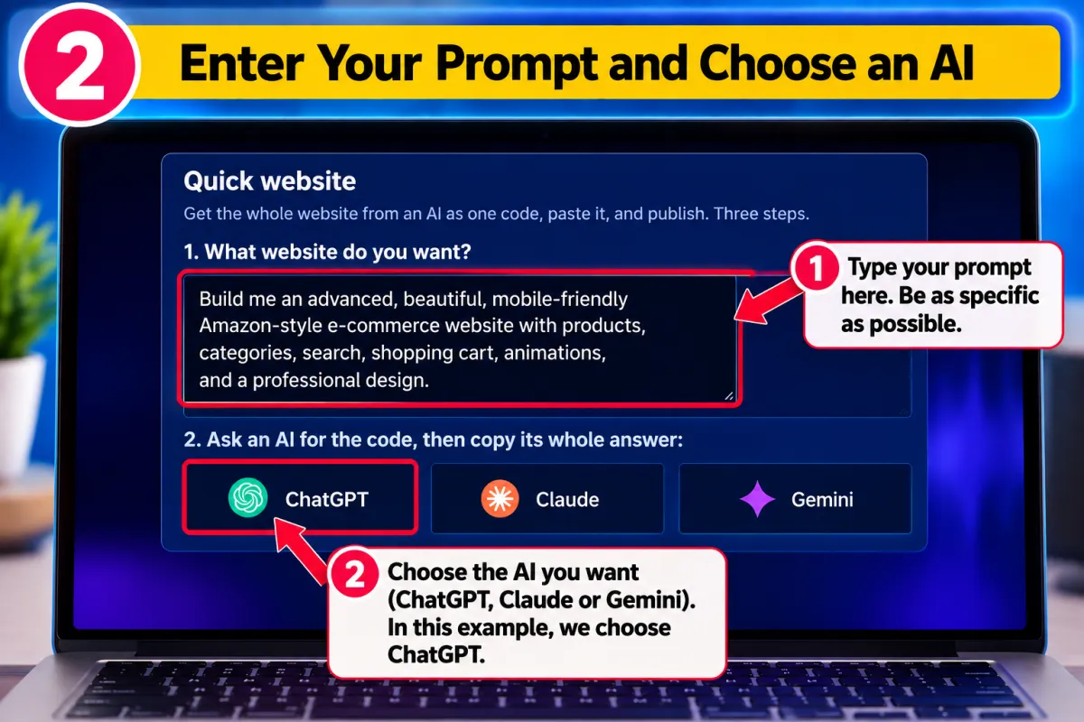 Step 2: the Quick website box with a website idea typed in, and the ChatGPT, Claude and Gemini buttons