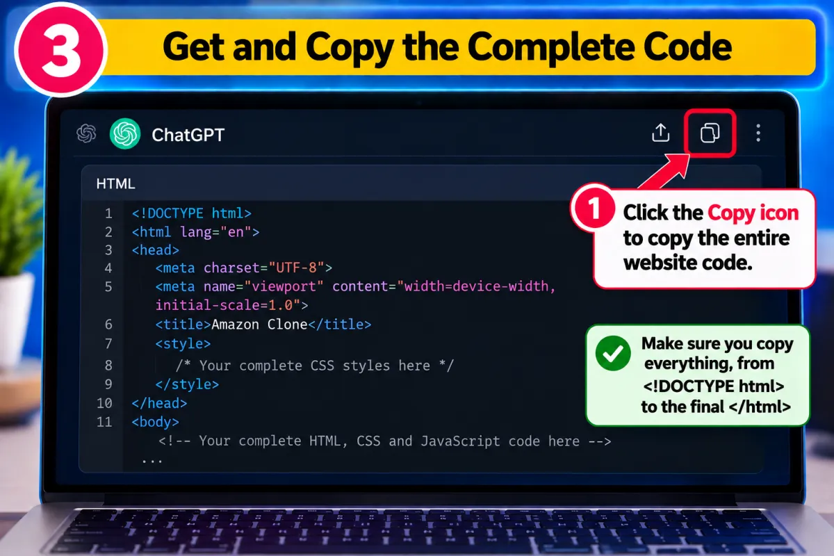 Step 3: the website code in ChatGPT with the Copy icon at the top