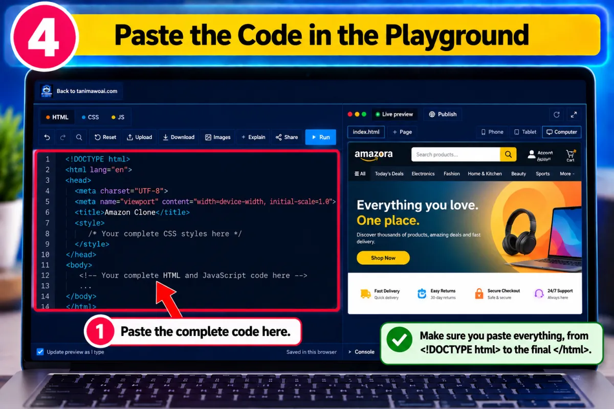 Step 4: the complete code pasted into the Code Lab, with the website showing in the live preview