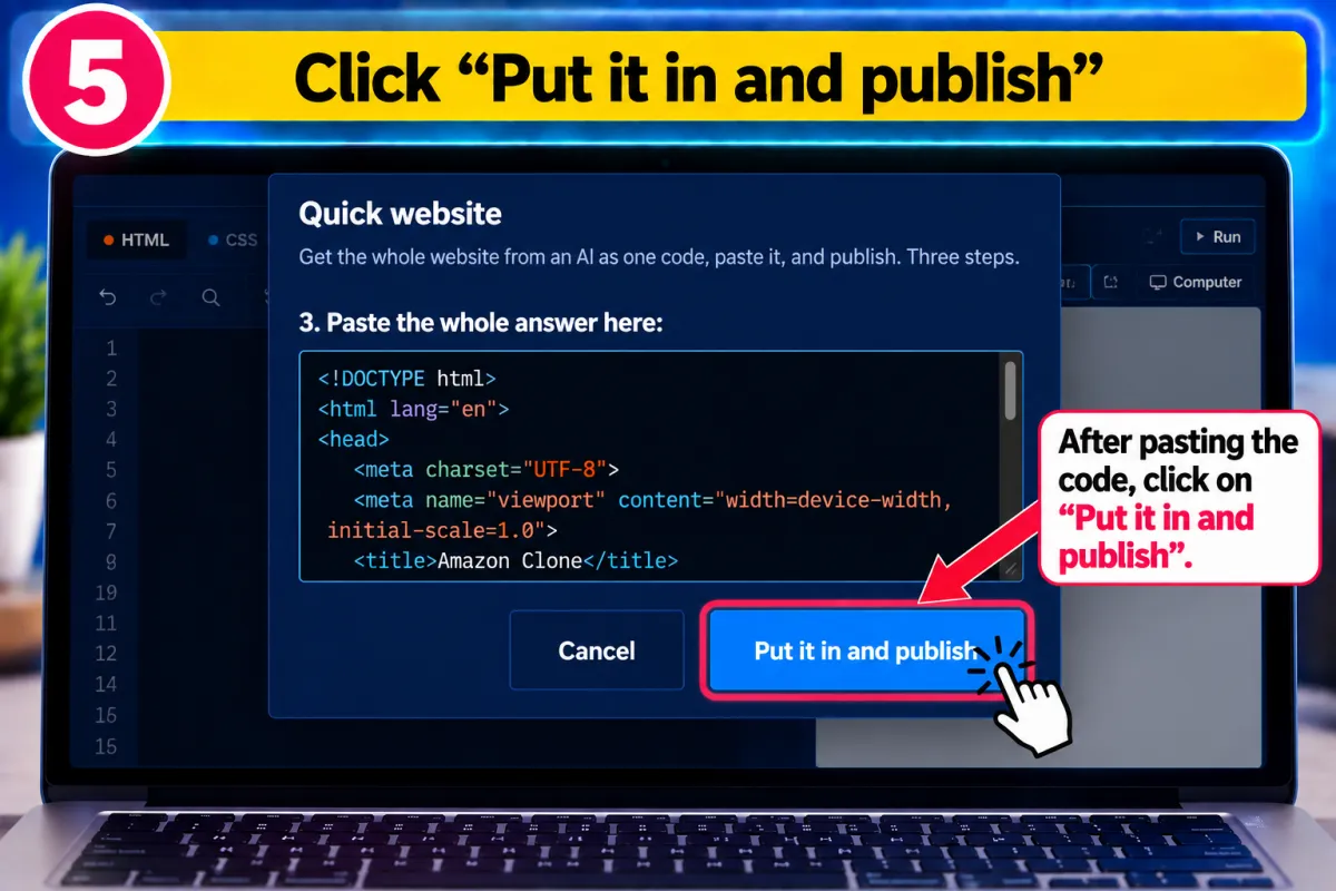 Step 5: the pasted code in the Quick website box and the Put it in and publish button