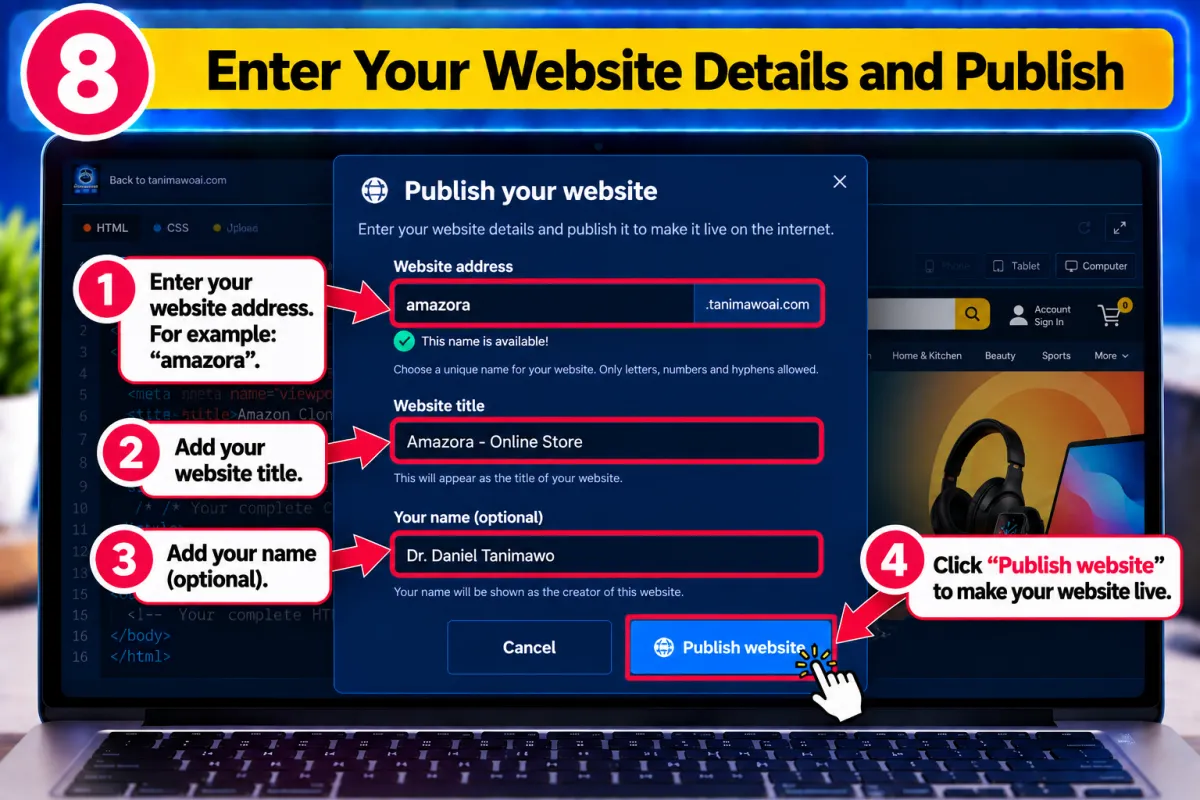 Step 8: the Publish your website box with the website address, title and your name